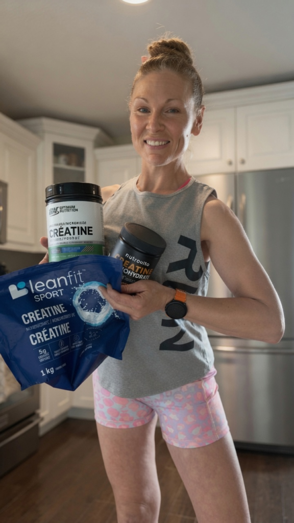 A fit woman in a tanktop and colourful pink shorts holds 3 different packages of creatine while wearing an Amazfit smart watch.