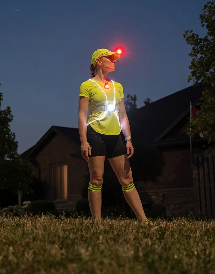 Woman wearing full hi-vis LED running gear with headlamp, chest light, and leg bands standing at dusk in a rural Ontario backyard, demonstrating visible safety setup for early morning walks and runs