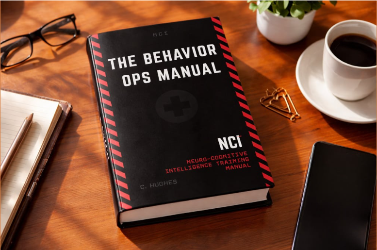 The Behavior Ops Manual by Chase Hughes on a wooden desk with coffee and notebook, recommended resource for advanced goal setting and brain hacks