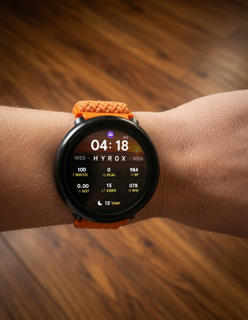 Close-up of a smartwatch showing 4:18 a.m. on a Wednesday morning, worn on a wrist with an orange braided band, representing the early ADHD morning decision that starts the day