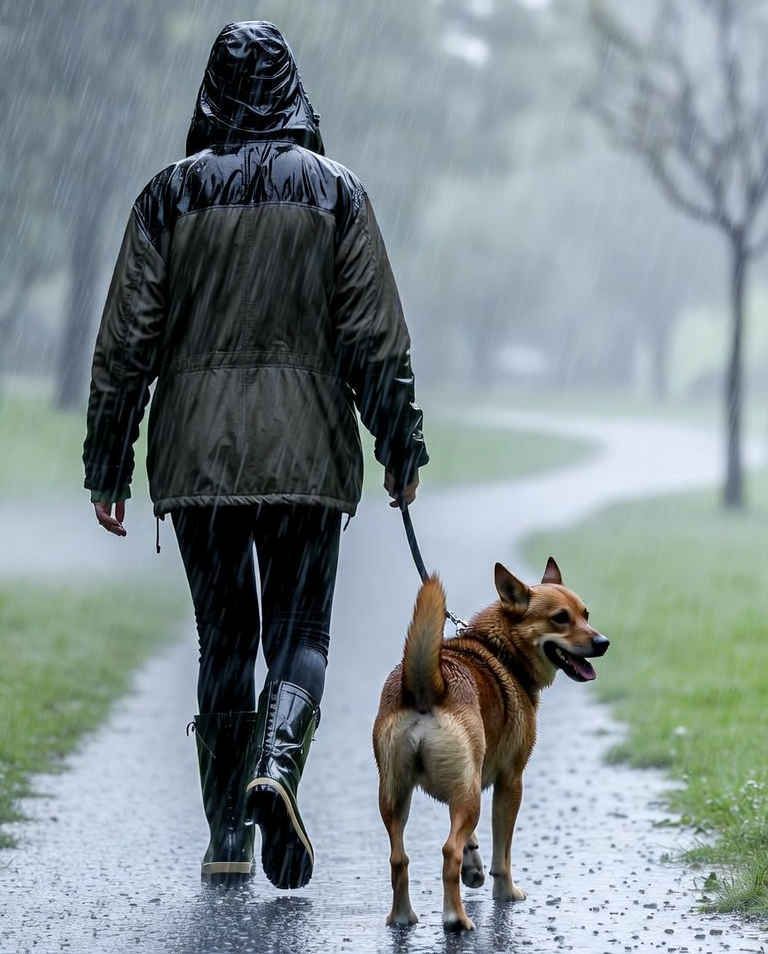 Person in a dark raincoat and rubber boots walking a happy dog on a wet path in the rain, showing the ADHD morning decision that still happens even when the weather is miserable
