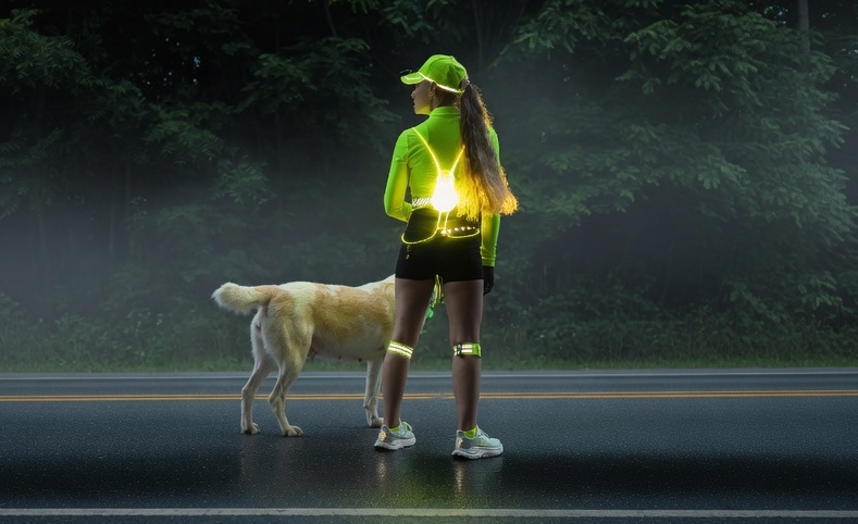 Woman in bright neon yellow reflective running gear with LED lights standing on a wet road at dusk next to a central asian shepherd, foggy forest in the background.
