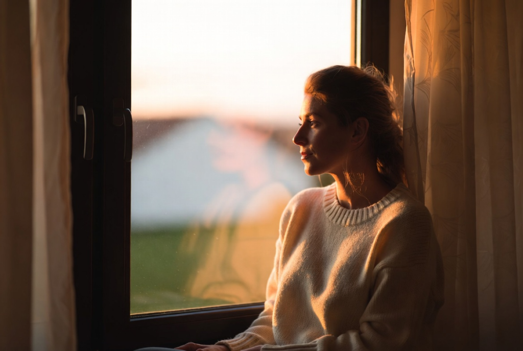Woman sitting by a window in soft morning light, looking thoughtfully outside