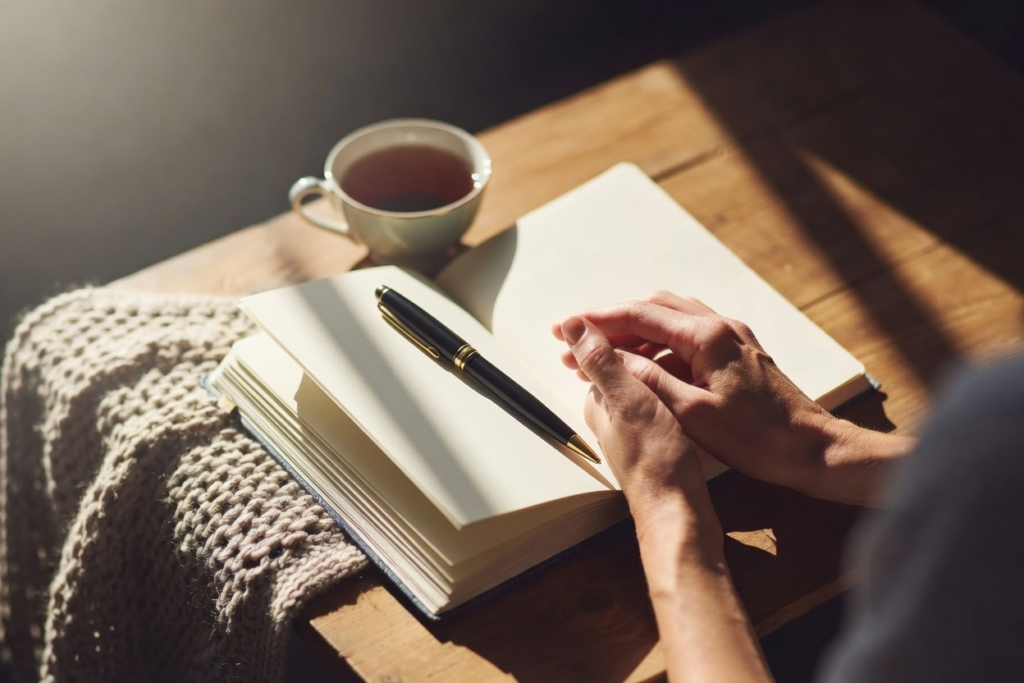 Hands resting on an open journal next to a cup of tea in warm sunlight