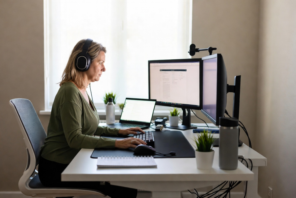 Woman working at a desk with multiple monitors while wearing noise cancelling headphones, showing methods to help with ADHD at work