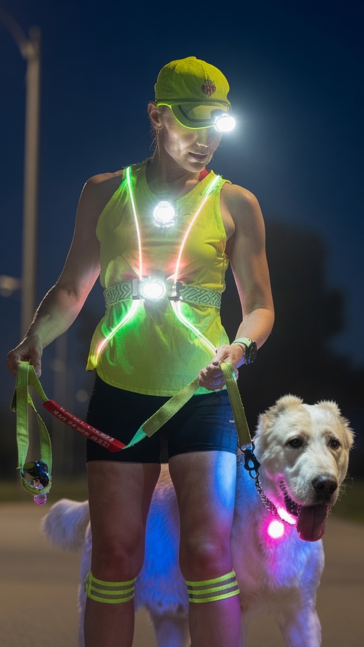 Woman in high-vis walking gear with LED safety lights out for a walk at dawn with her large dog, wearing a light-up collar